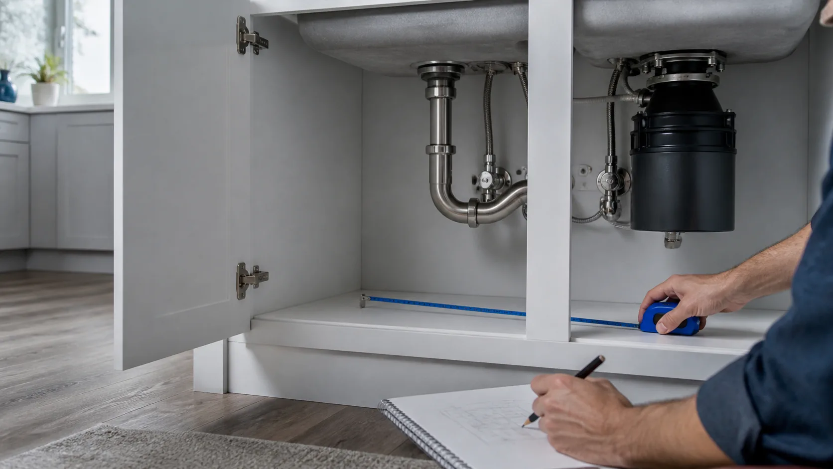 Homeowner measuring the usable floor inside an empty under-sink cabinet