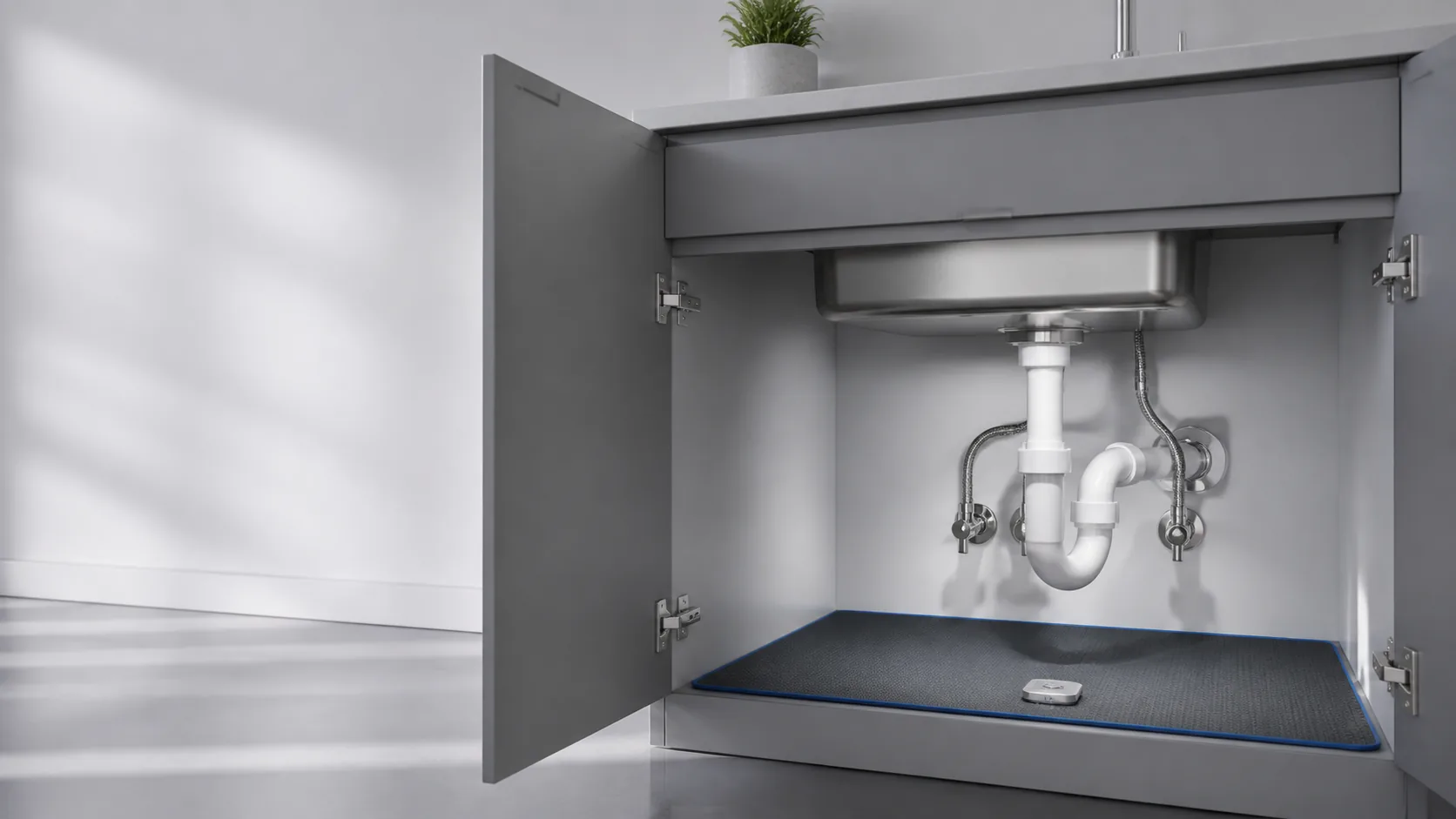 Clean under-sink cabinet with visible plumbing, fitted waterproof mat, and leak sensor
