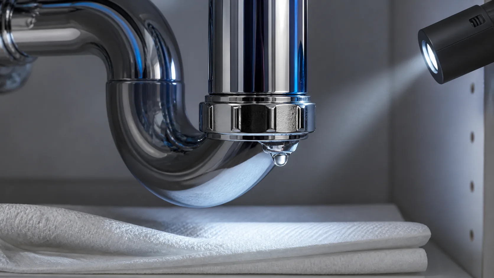 Single droplet forming beneath a plumbing compression joint above a dry paper towel